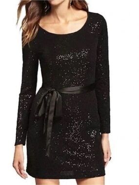 Express Black Sequin Long-Sleeve Dress with Satin Waist Tie